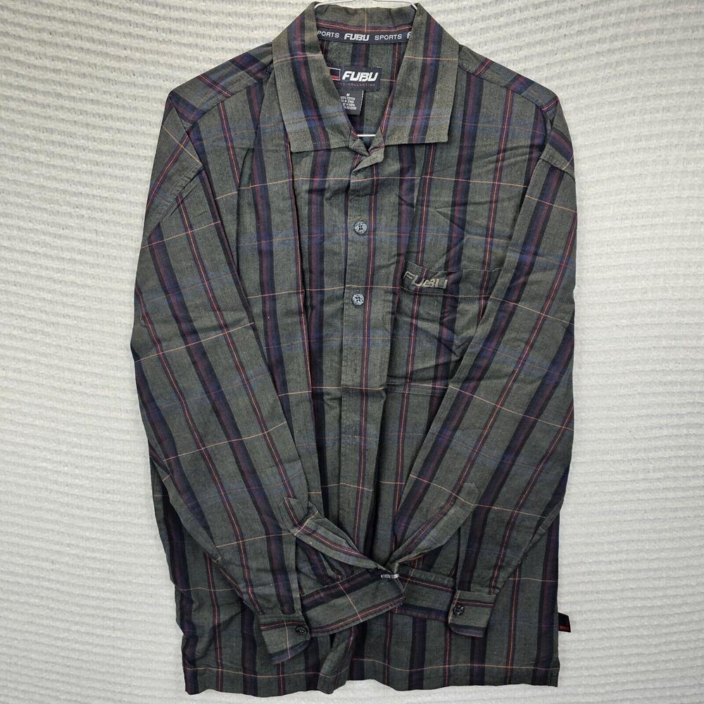 Fubu Sports Men Plaid Button Down Shirt Long Sleeve Collar Size M 100% Cotton
